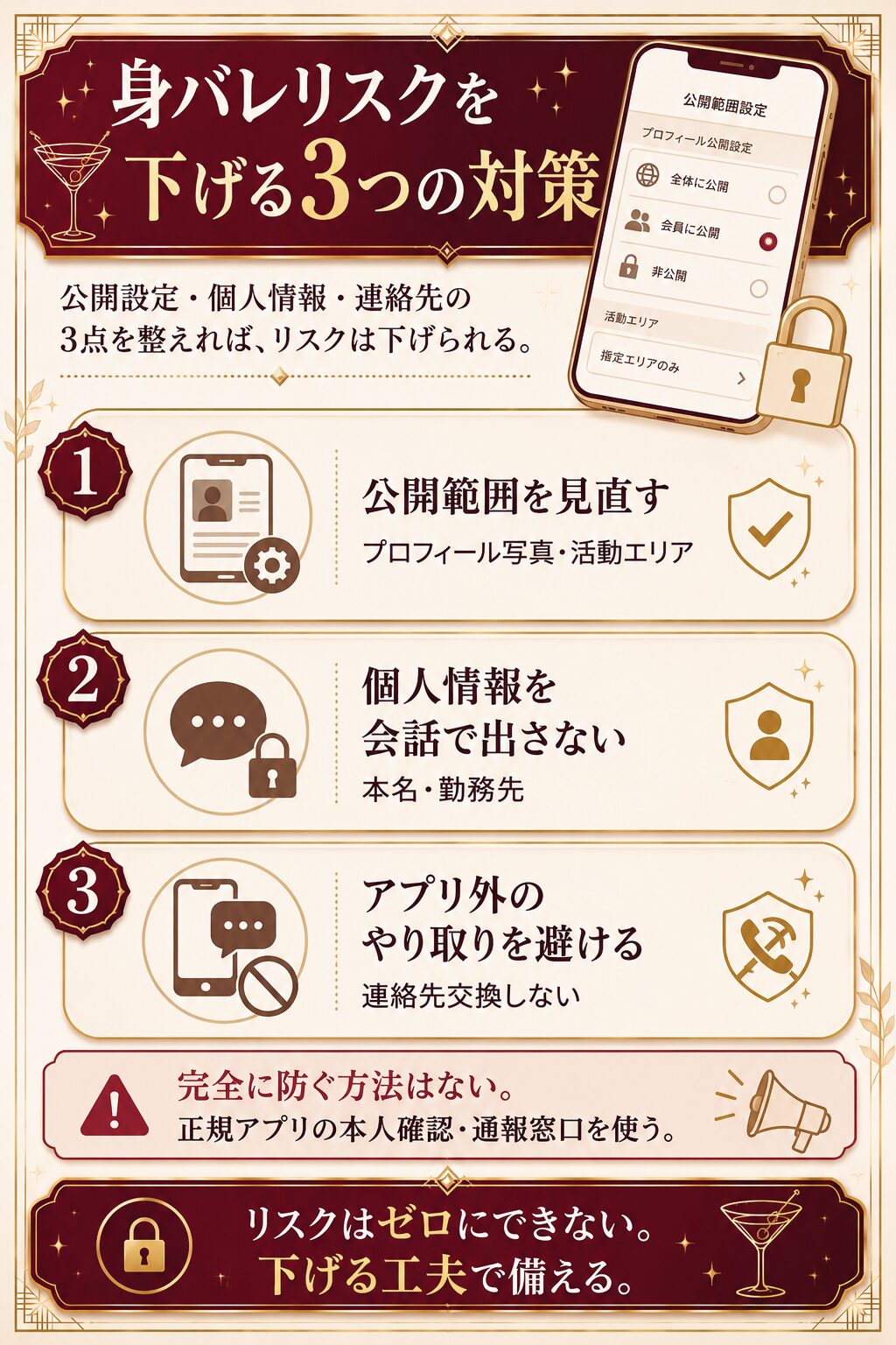patoの身バレリスクを下げる3つの対策をまとめた整理図