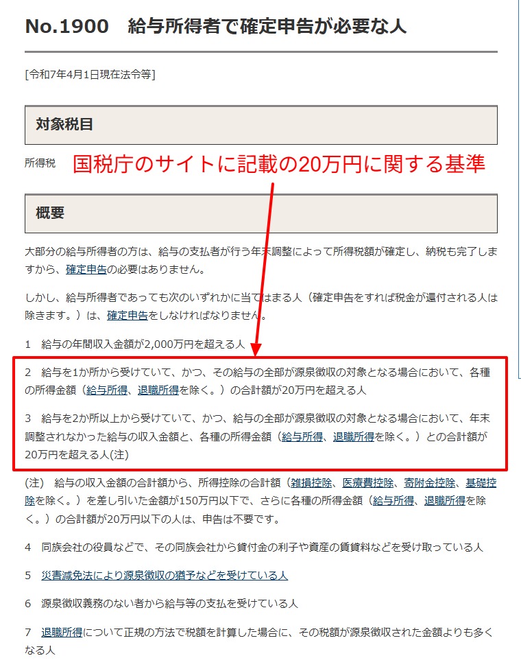 国税庁の給与所得者で確定申告が必要な人のページ、副業所得20万円超の基準を示すスクリーンショット