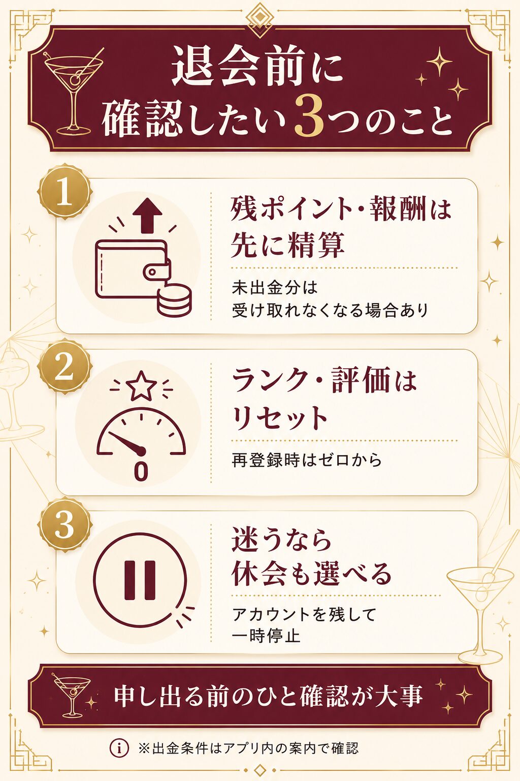 退会前に確認したい3点(報酬の精算・ランクのリセット・休会という選択肢)を整理した図解