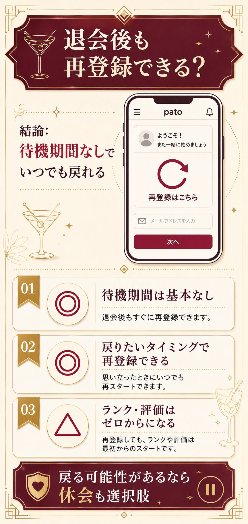 退会後も待機期間なしで再登録できる一方、ランクや評価はゼロから始まることを示した図解