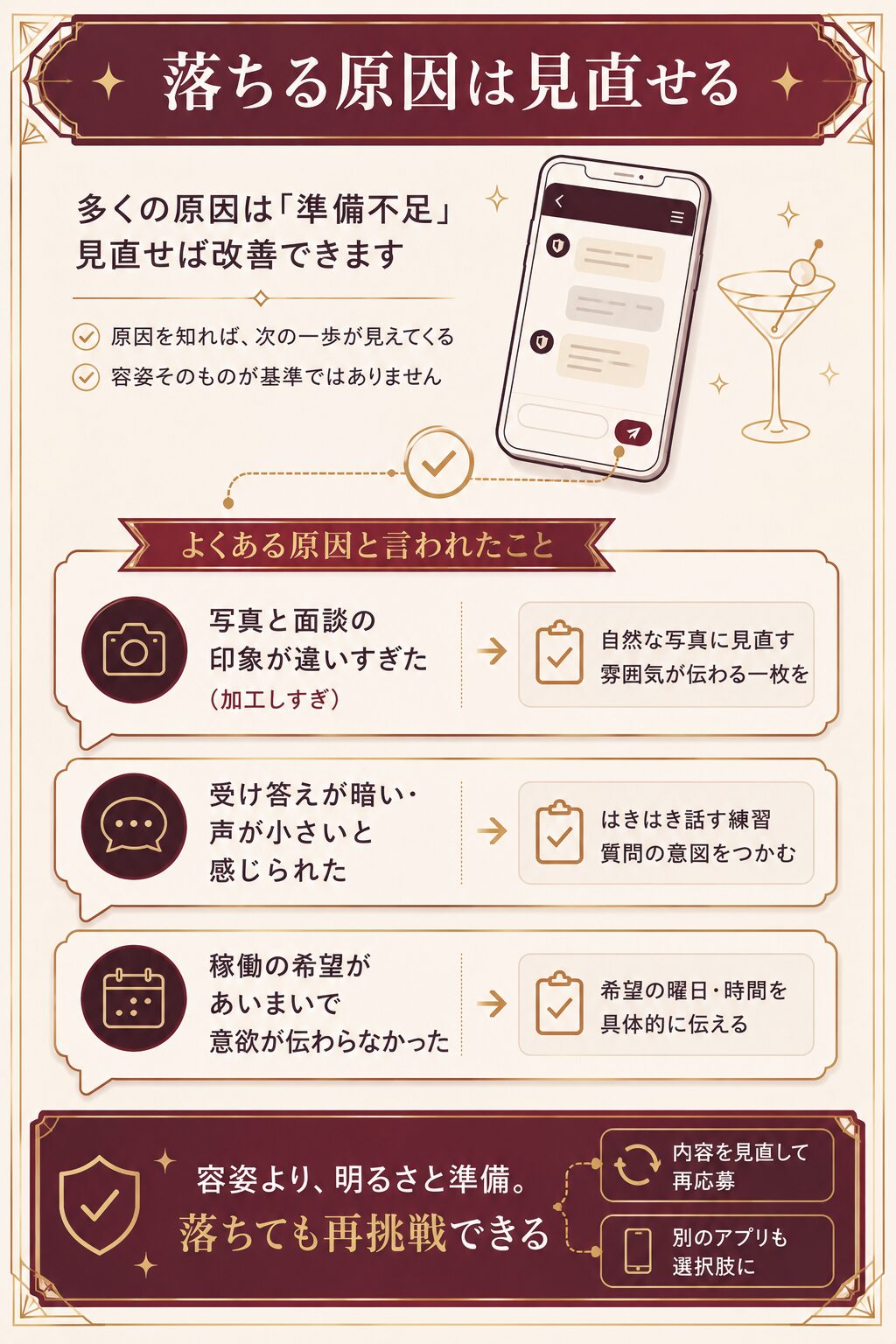 pato審査に落ちやすい原因を声カードで整理した図。加工しすぎ・受け答え・稼働希望のあいまいさを示す