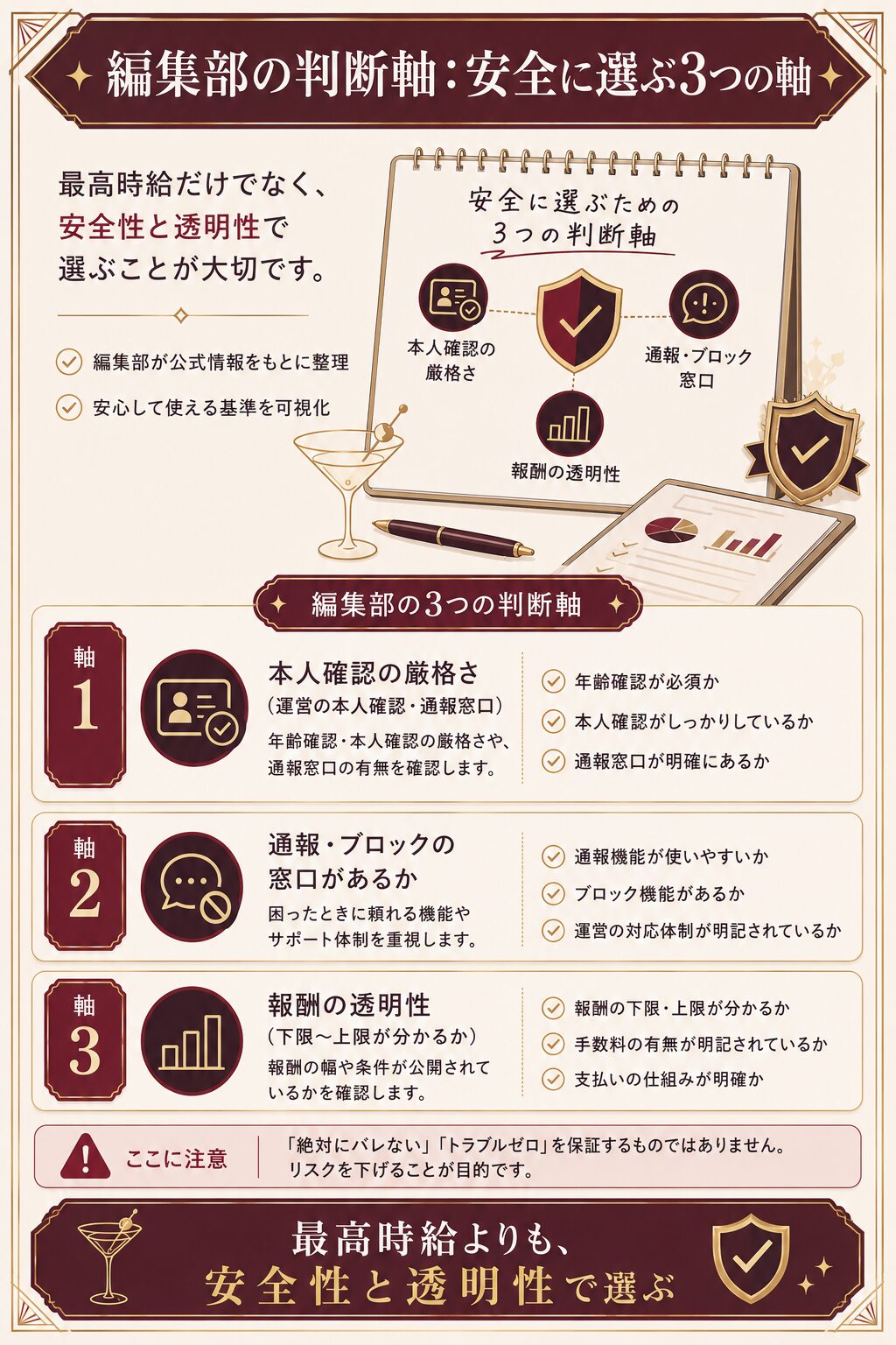 ギャラ飲みアプリを安全に選ぶ編集部の判断軸の図。本人確認の厳格さ・通報窓口・報酬の透明性の3軸