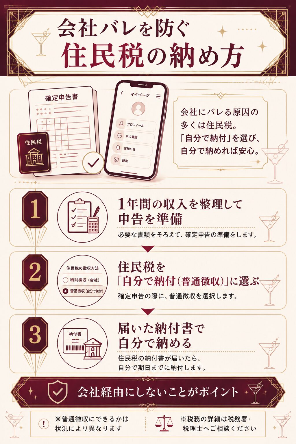 会社バレを防ぐため住民税を自分で納付する3ステップを示した図解