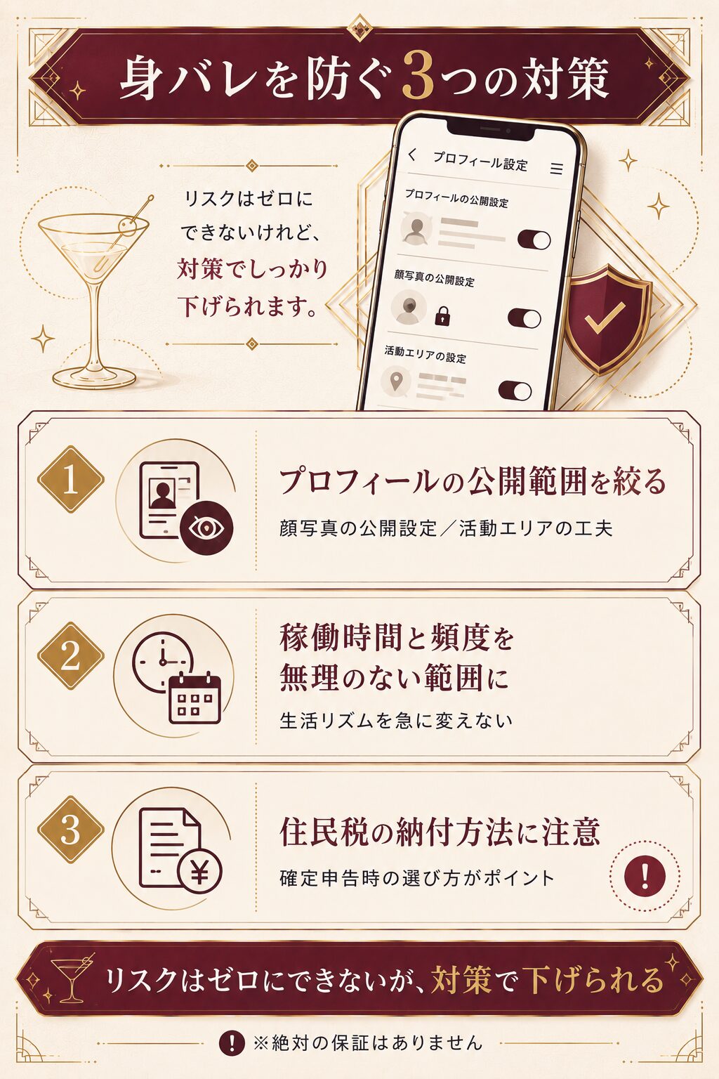 patoで身バレ・会社バレを防ぐための3つの対策をまとめたチェックリスト図