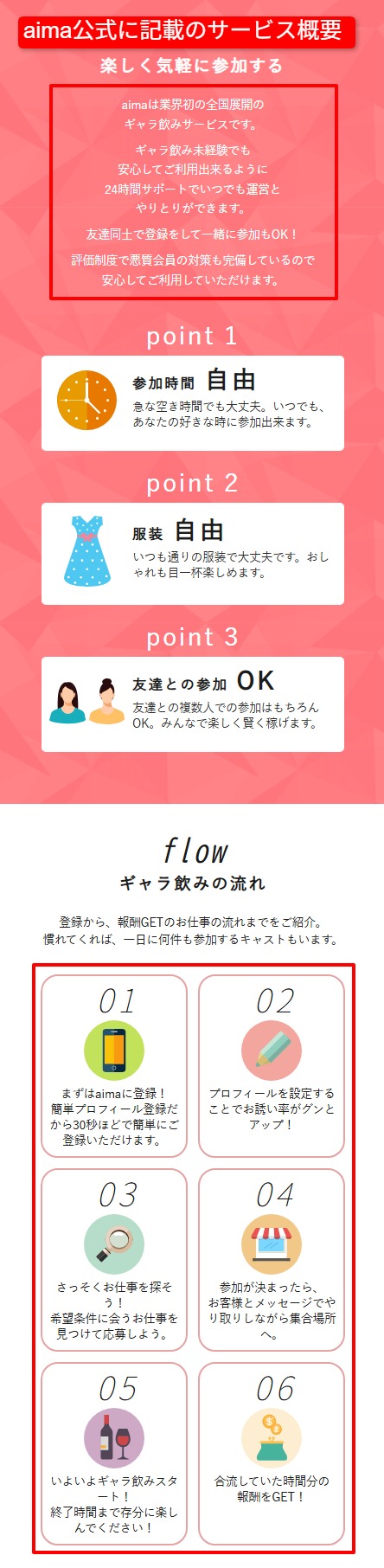 aima公式サイトのキャスト向けページ。審査なしで始められ全国対応、報酬をアプリ経由で受け取れることが分かる画面