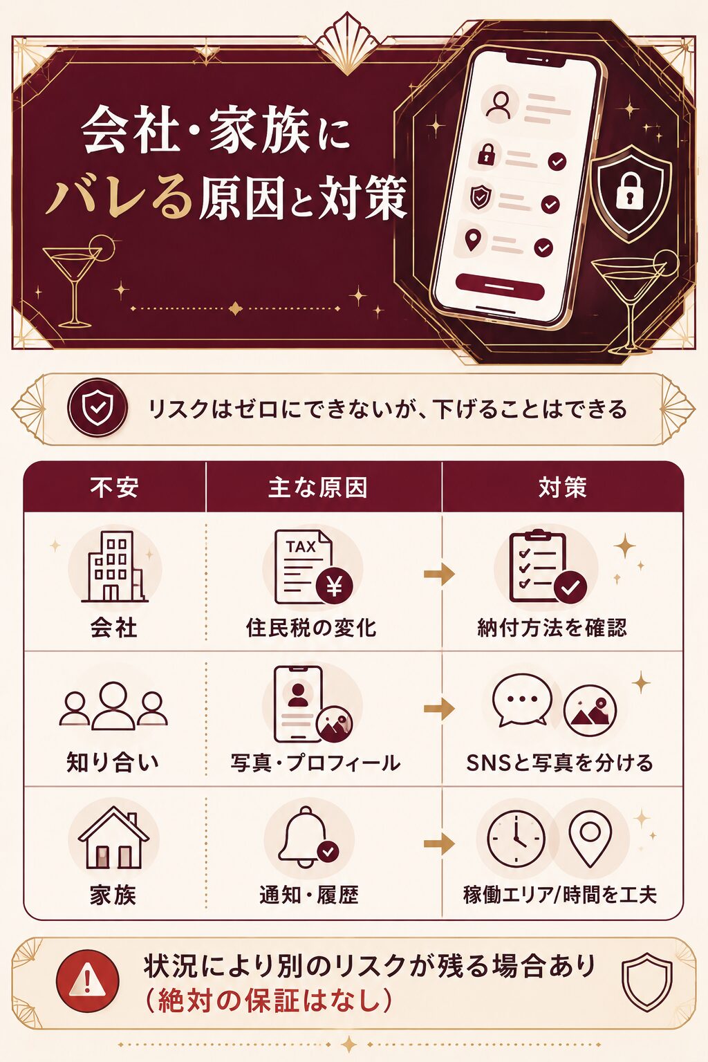 aimaの副業が会社・知人・家族にバレる経路と対策を整理した図解。住民税やプロフィールの注意点