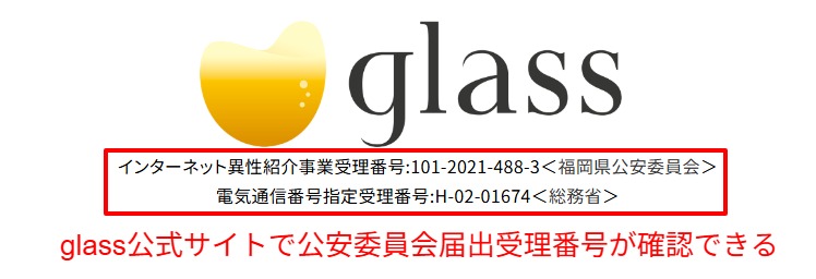 ギャラ飲みアプリglass公式サイトに記載された福岡県公安委員会へのインターネット異性紹介事業届出受理番号の表記