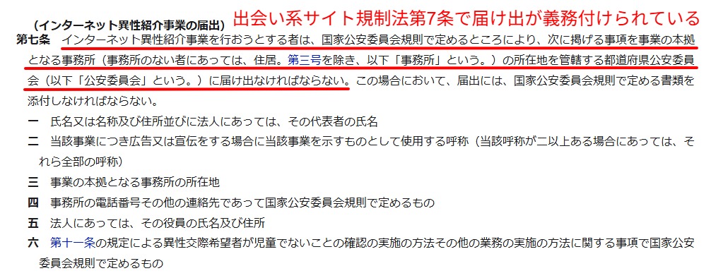 e-Gov法令検索に掲載された出会い系サイト規制法第7条のインターネット異性紹介事業届出義務の条文